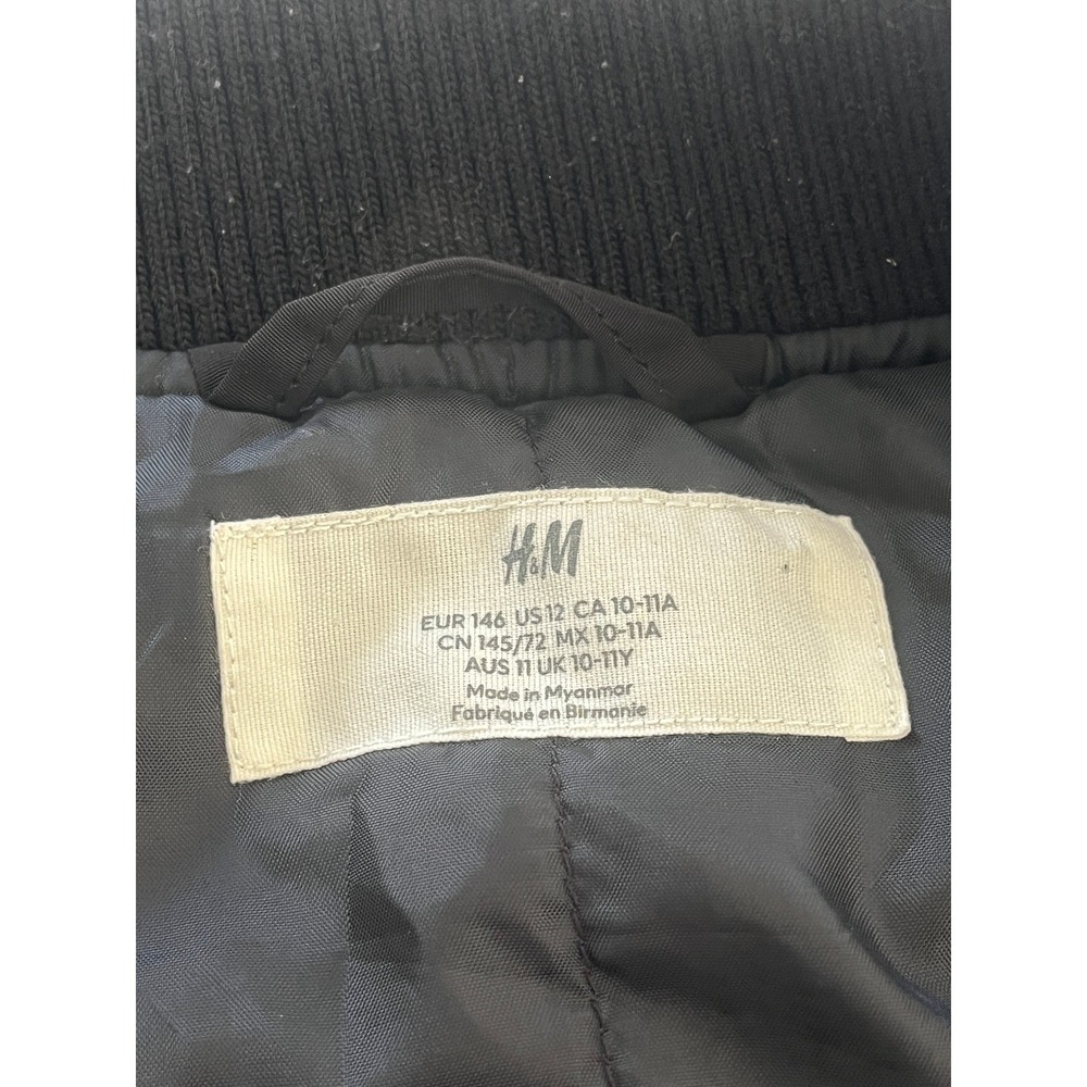 H M Black Bomber Jacket Full Zip Ring Detail Ribbed Cuffs Sz 10 11 - Picture 5 of 12